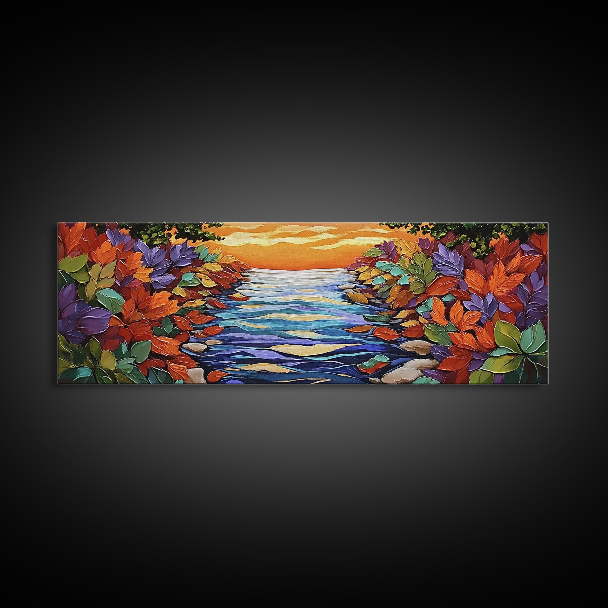 Autumn River Glow, Fall Leaf Reflections, Vibrant Nature Scene, Framed Canvas Print, Rustic Wall Art, Entryway or Dining Room Decor