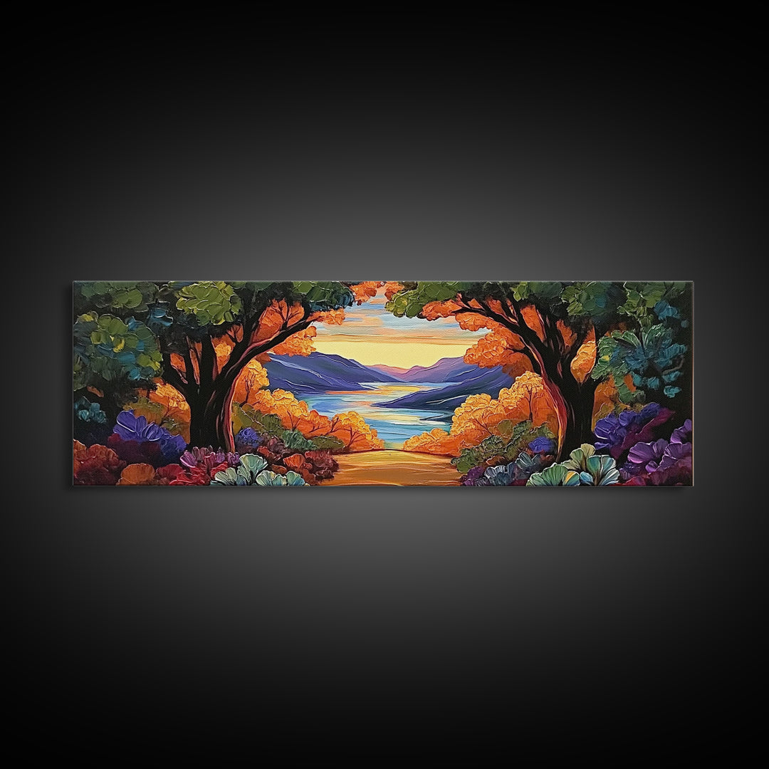 Autumn Lake View, Forest Path, Mountain Vibe, Framed Canvas Print, Fall Wall Art, Boho Landscape, Cozy Living Room Decor