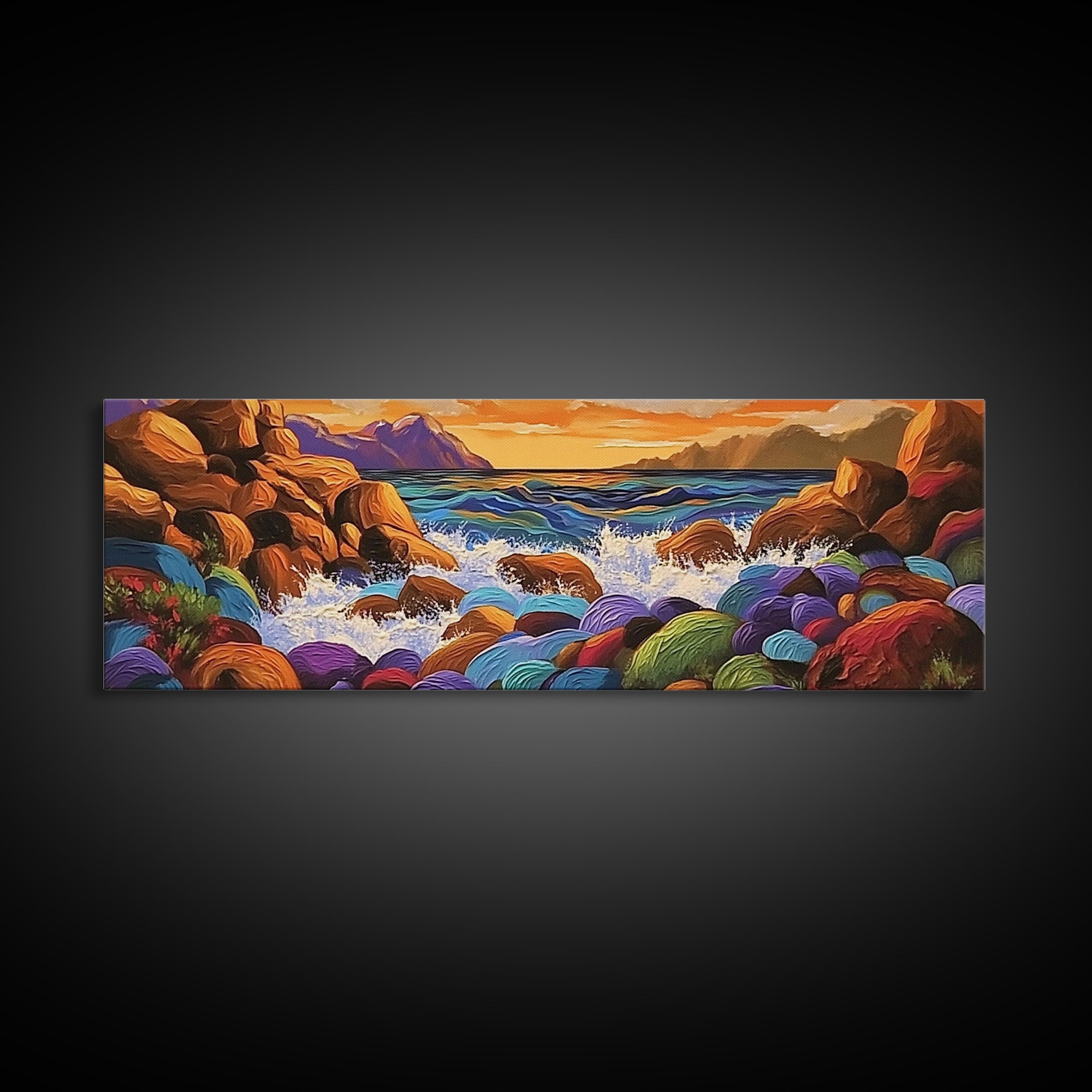 Rocky Coastline, Sunset Splash, Rainbow Stones, Framed Canvas Print, Bathroom Wall Art, Modern Seaside Art, Bold Landscape Vibes