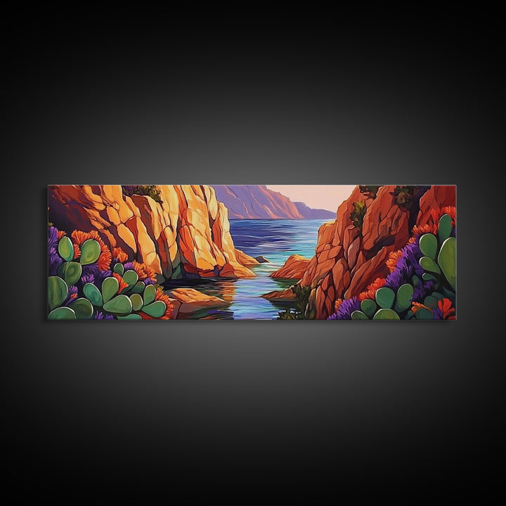 Cactus Cove View, Mountain Sunset, Desert Oasis, Framed Canvas Print, Boho Living Room Wall Art, Nature Inspired Art, Colorful Decor