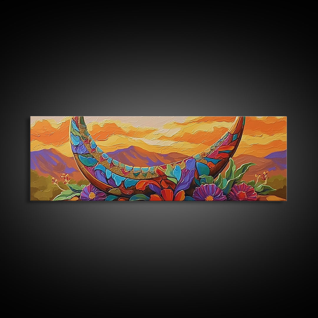 Crescent Moon, Floral Sunset, Western Vibes, Framed Canvas Print, Desert Boho Wall Art, Living Room Decor, Whimsical Southwestern Art