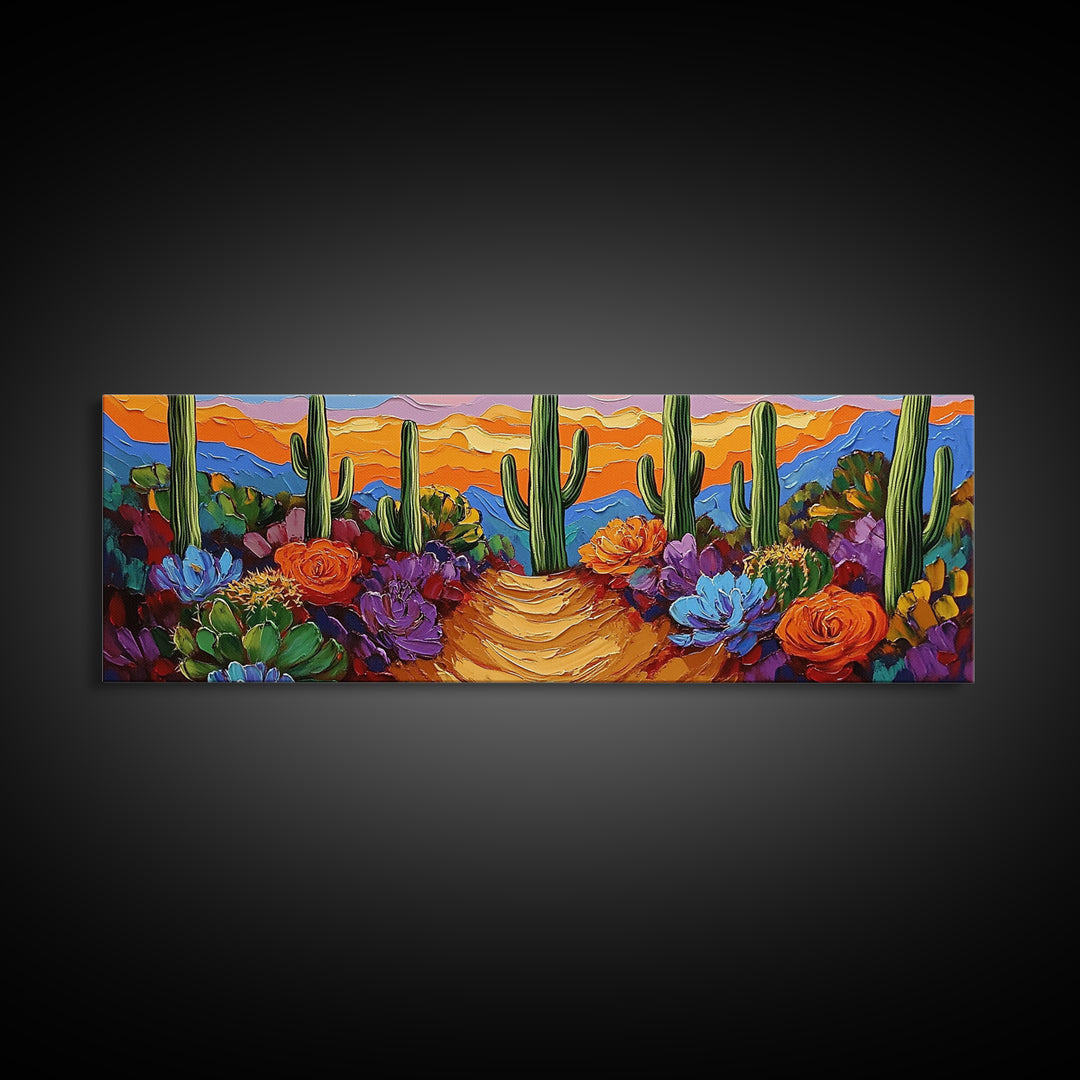 Cactus Garden Sunset, Desert Wall Art, Succulent Landscape, Framed Canvas Print, Boho Living Room Decor, Vibrant Western Style
