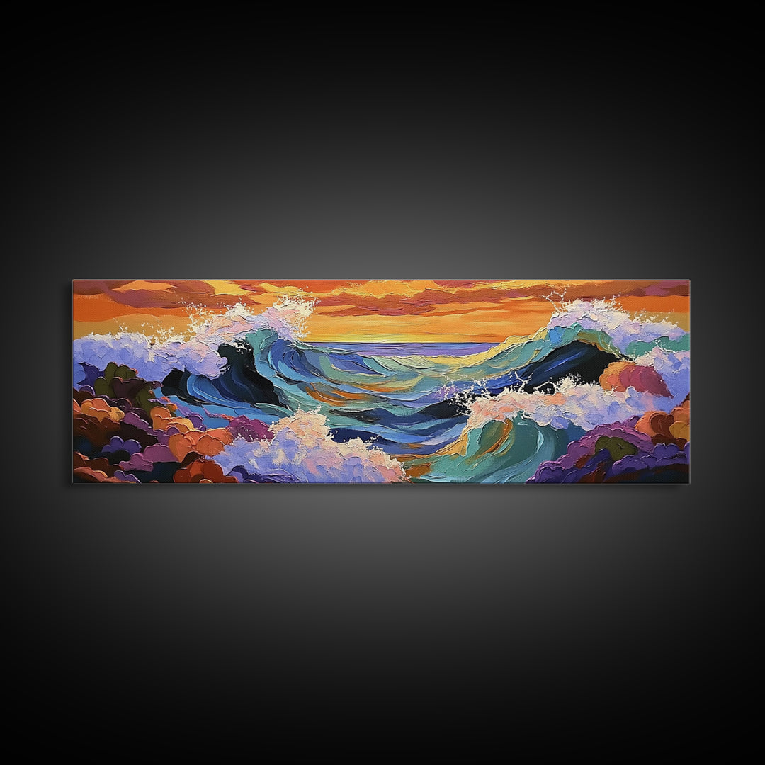 Breaking Waves Seascape, Ocean Wall Art, Sunset Coastal View, Framed Canvas Print, Nautical Living Room Decor, Beach Style