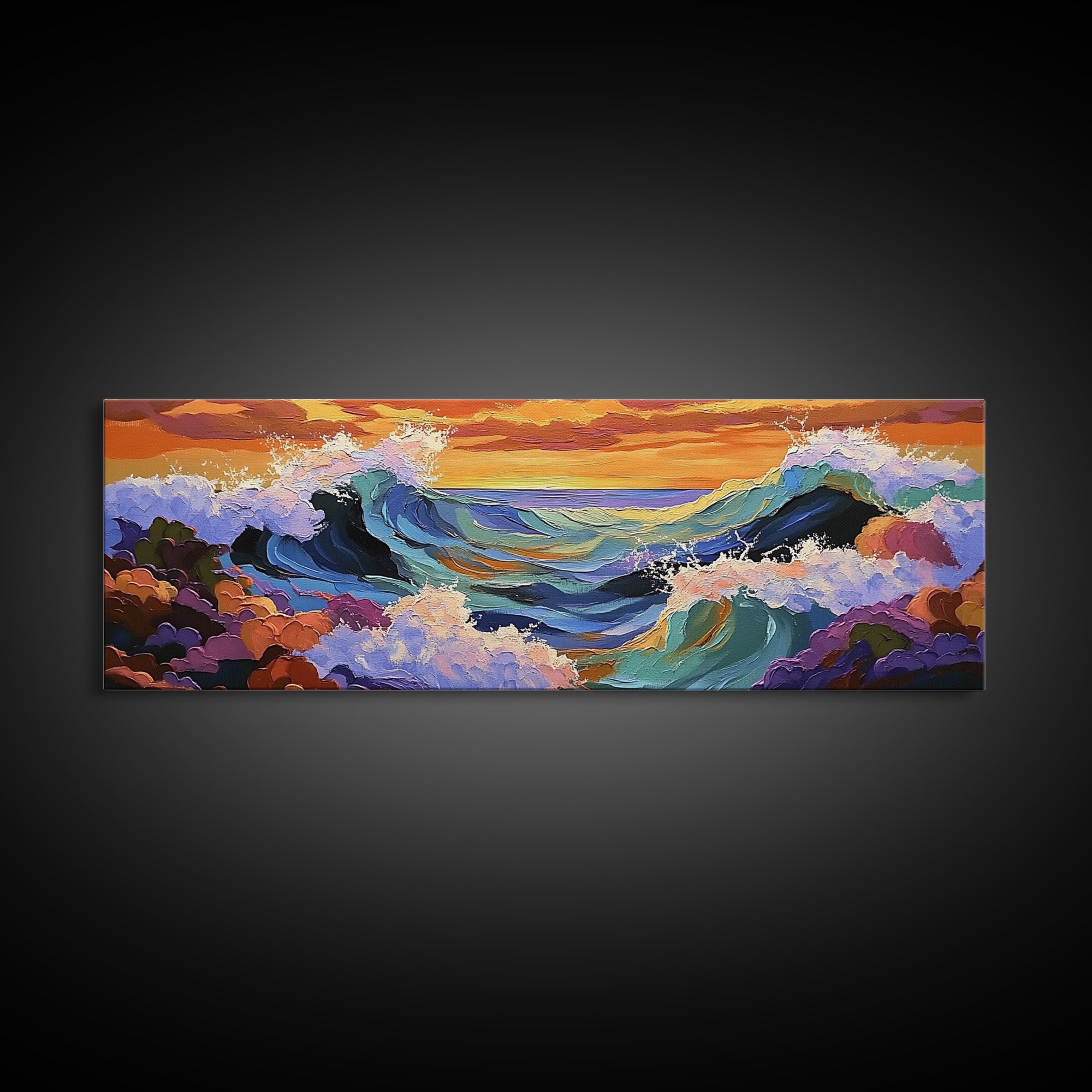 Breaking Waves Seascape, Ocean Wall Art, Sunset Coastal View, Framed Canvas Print, Nautical Living Room Decor, Beach Style