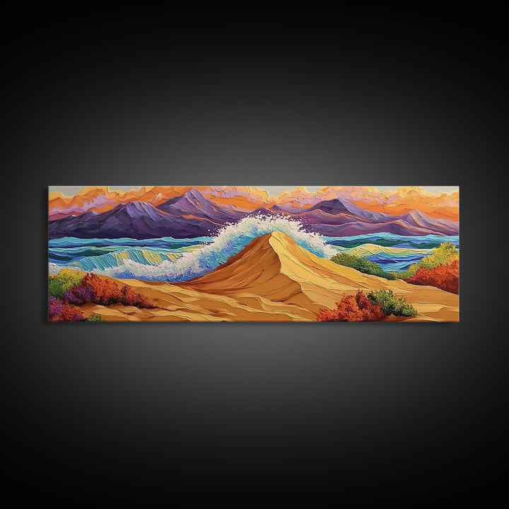 Desert Dunes, Ocean Splash, Sunset Mountains, Fall Tones Framed Canvas Print, Living Room Wall Art, Southwest Colorful Art
