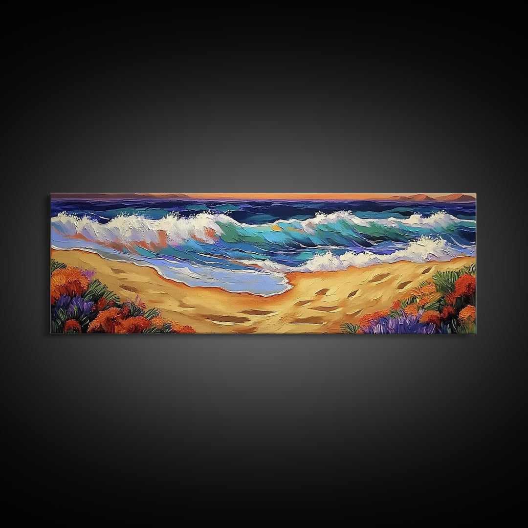 Coastal Wave Art, Beach Shore, Ocean Spray, Sunset Sea Framed Canvas Print, Living Room Wall Art, Modern Tropical Decor