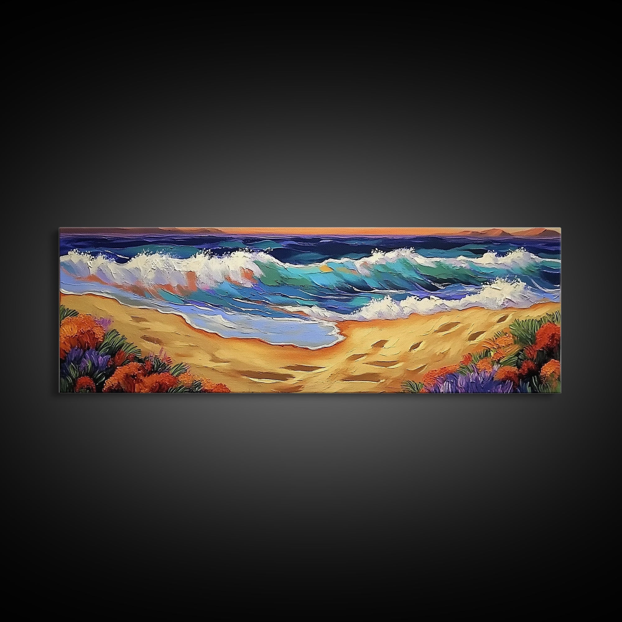 Coastal Wave Art, Beach Shore, Ocean Spray, Sunset Sea Framed Canvas Print, Living Room Wall Art, Modern Tropical Decor