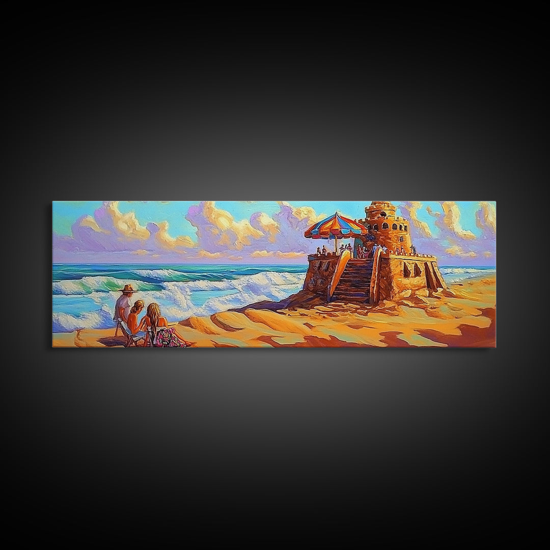 Beach Fortress, Family Fun, Ocean Adventure, Sunny Day Framed Canvas Print, Vacation Memory Wall Art, Playroom Beach Art