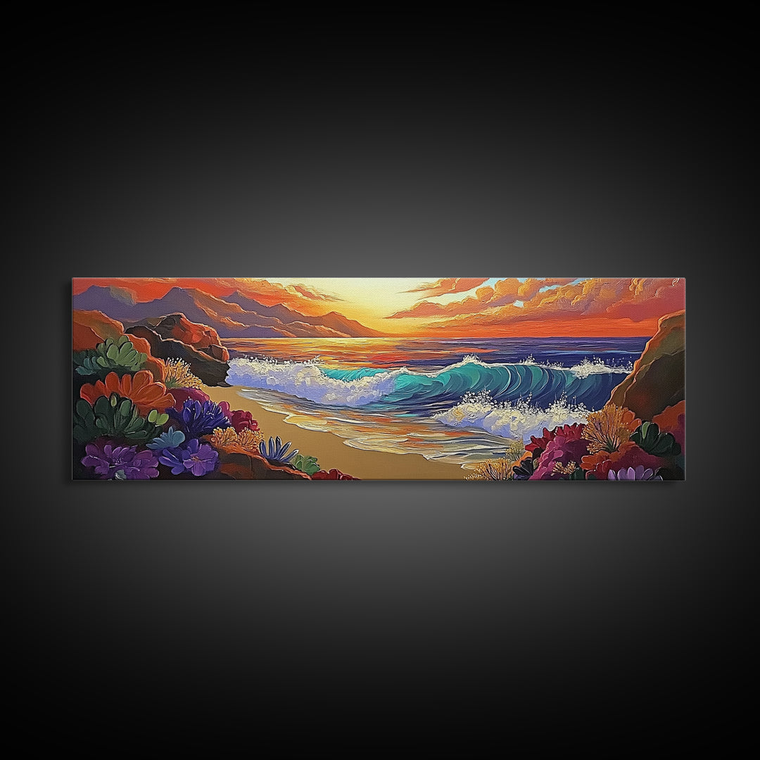 Coastal Sunset, Ocean Waves, Tropical Flowers, Vibrant Seascape, Framed Canvas Print beach wall decor, boho art, living room wall art