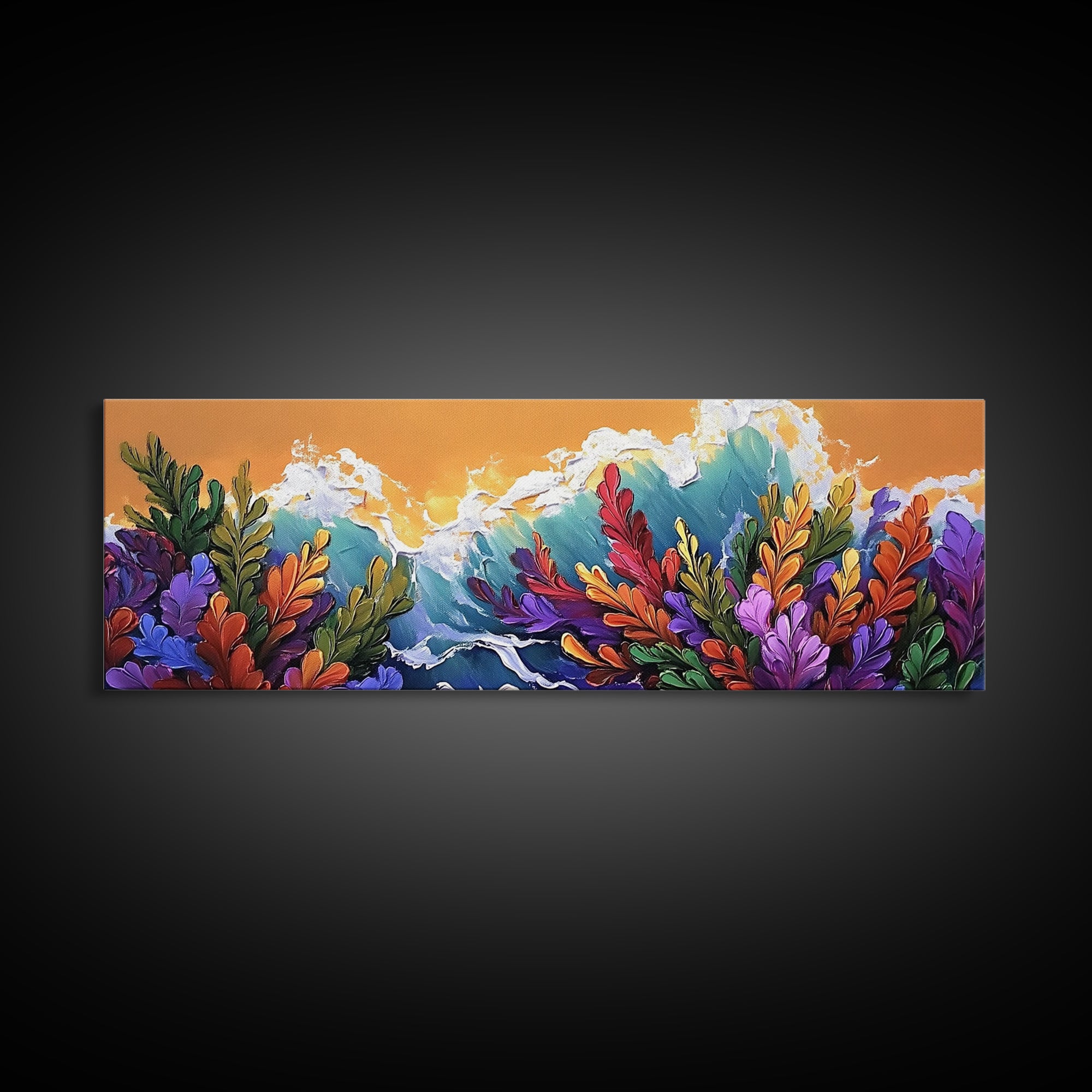 Ocean Blooms, Sunset Waves, Colorful Florals, Seaside Garden, Framed Canvas Print tropical living room wall art, coastal print