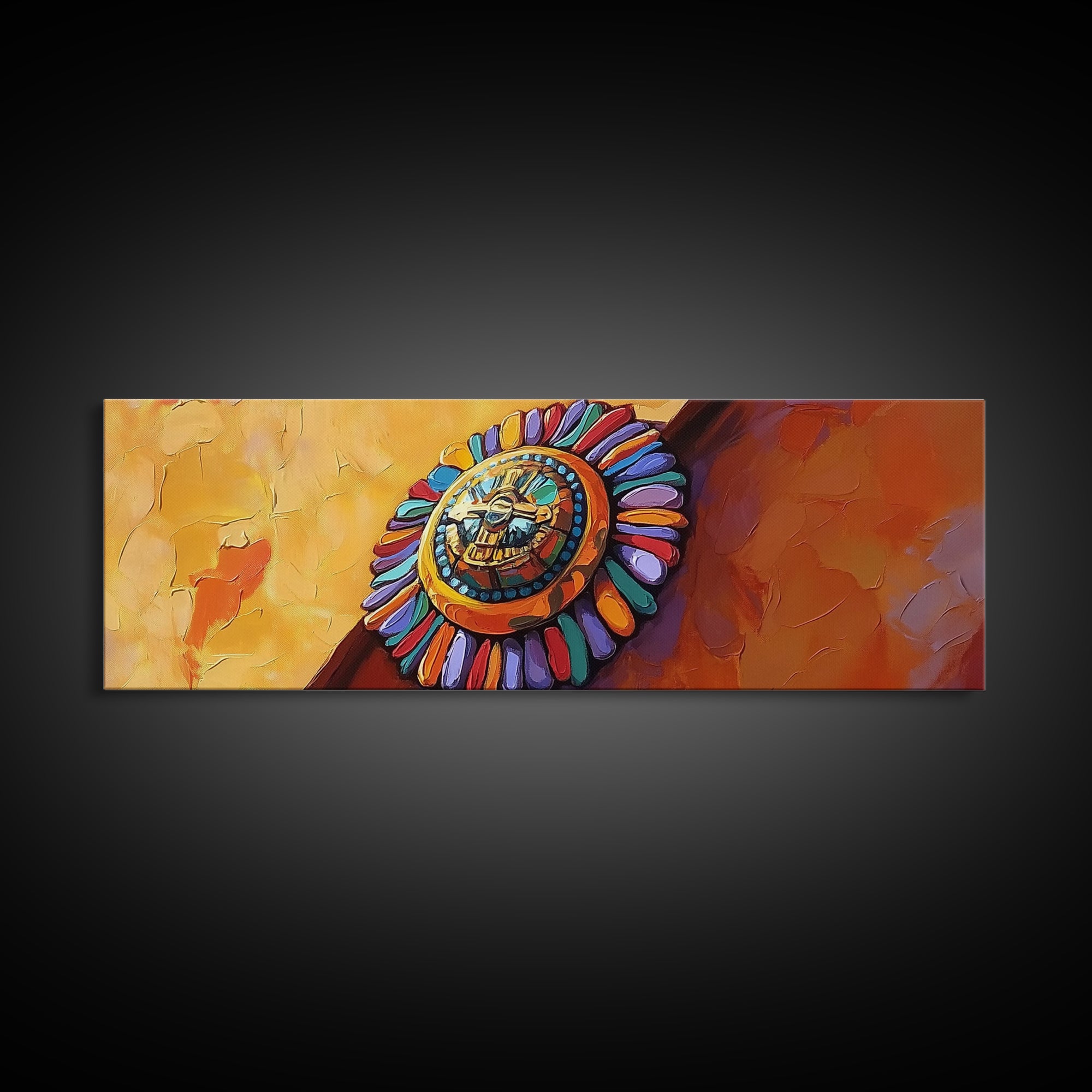 Aztec Sun Symbol, Bold Tribal Accent, Southwest Vibe Art, Native Motif Wall, Framed Canvas Print, Entryway Ethnic Boho Decor
