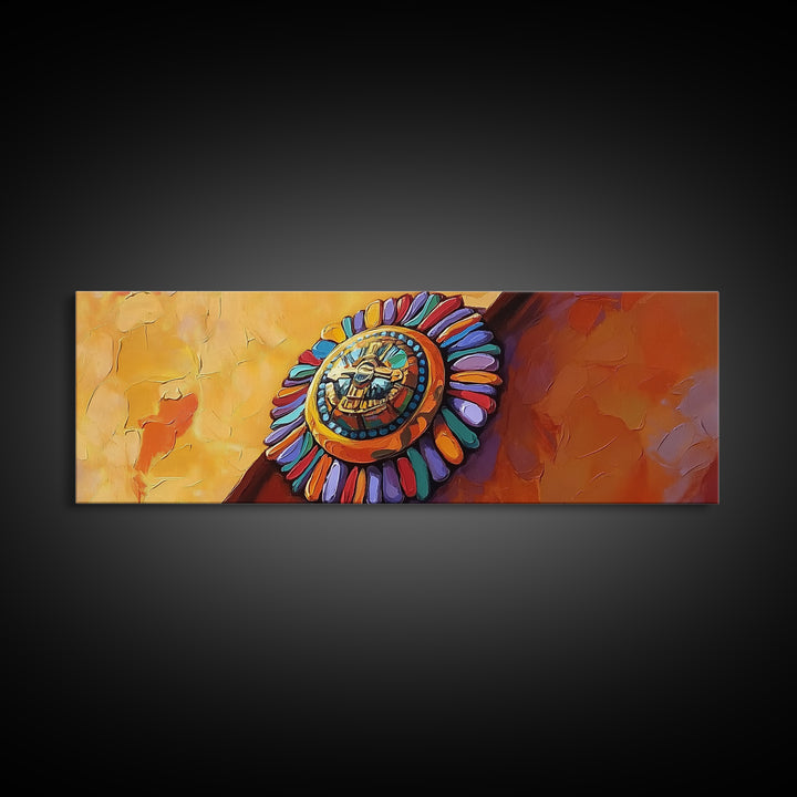 Aztec Sun Symbol, Bold Tribal Accent, Southwest Vibe Art, Native Motif Wall, Framed Canvas Print, Entryway Ethnic Boho Decor