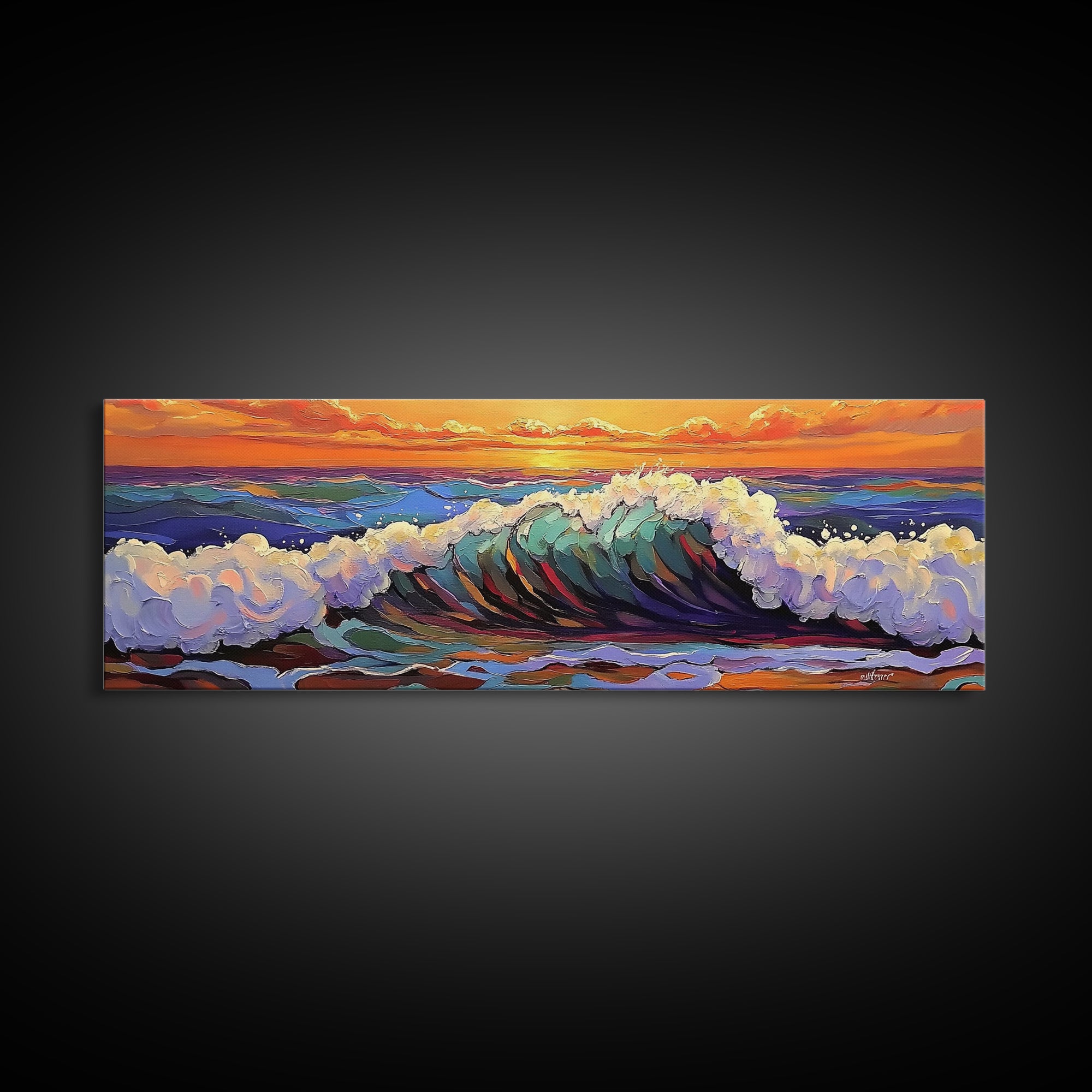 Breaking Wave Art, Sunset Ocean Surf, Bold Seaside Motion, Vibrant Coastal Palette, Framed Canvas Print, Bathroom Beach Decor