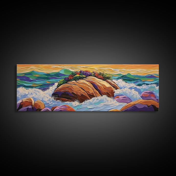 Rocky Shoreline Scene, Vibrant Sea Garden, Coastal Wave Power, Nature Texture Painting, Framed Canvas Print, Ocean Lover Wall Art