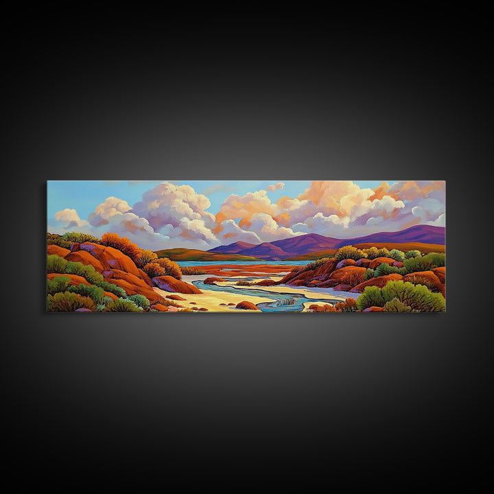 Desert Oasis, Canyon River, Cloudy Sky, Canvas Print, Southwest Landscape Art, Living Room Wall Art, Warm Earth Tone Decor