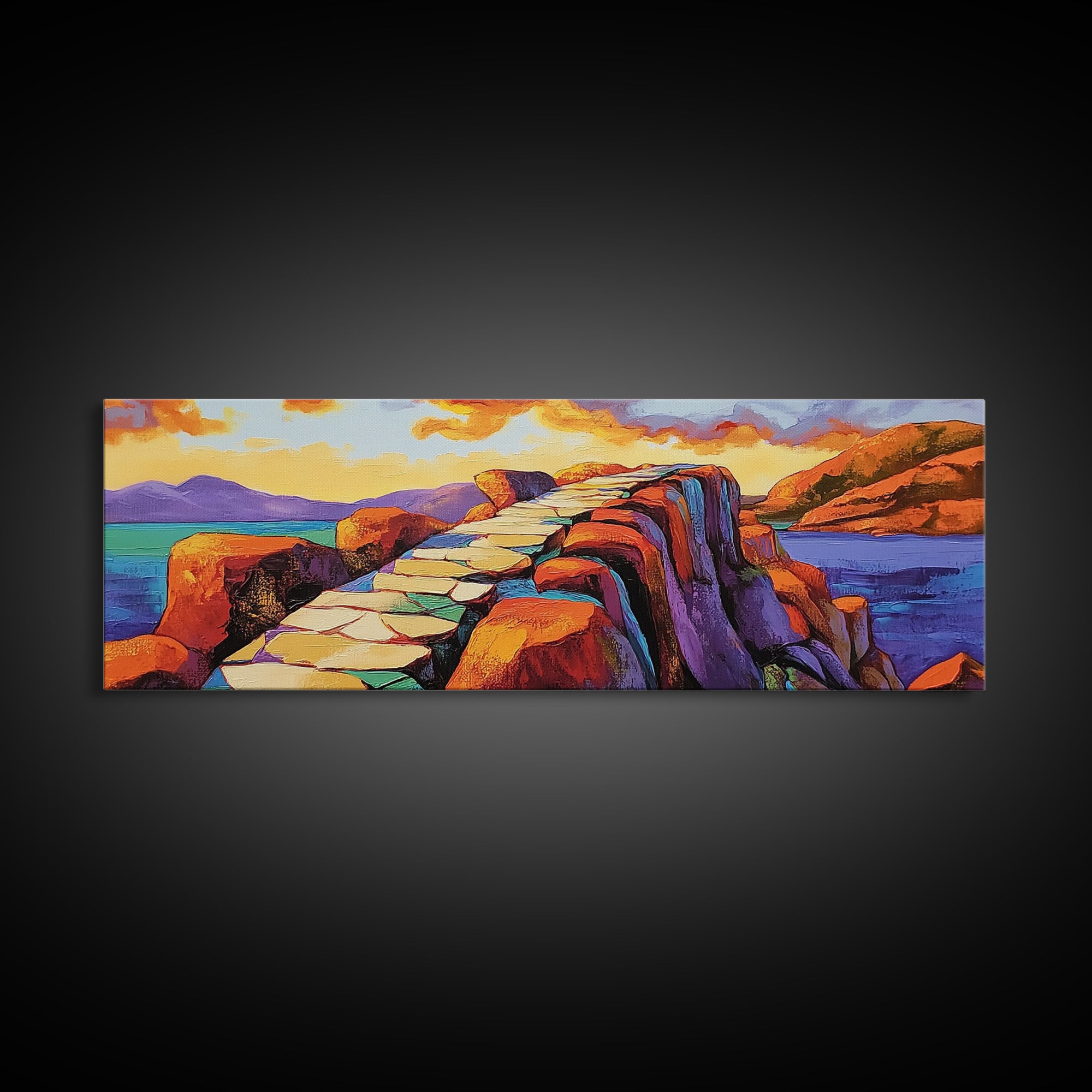 Rocky Coastal Path, Sunset Cliff Art, Vibrant Mountain Scene, Adventure Nature Decor, Framed Canvas Print, Fall Living Room Art
