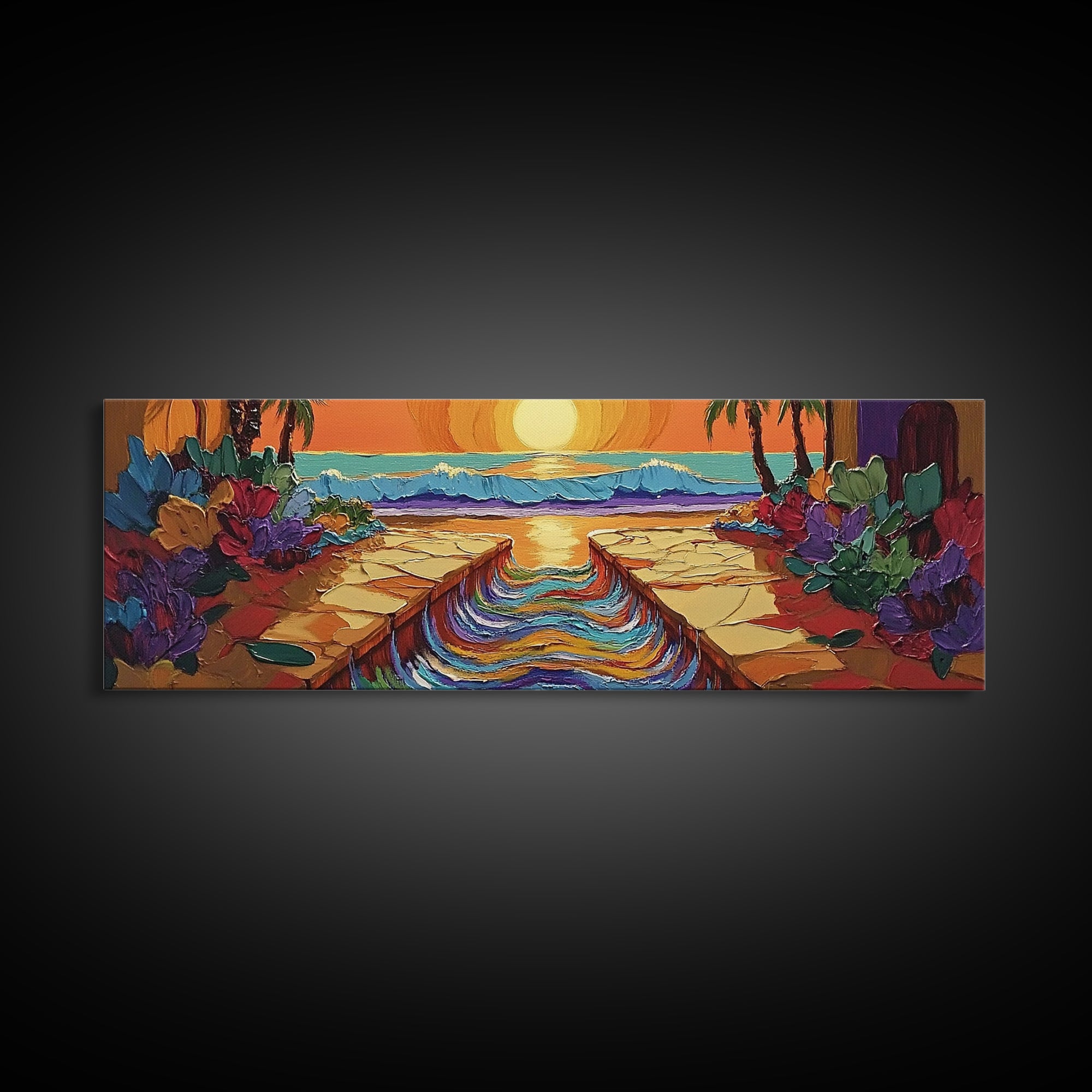 Sunset Path, Ocean View, Tropical Flowers, Canvas Print, Vibrant Beach House Wall Art, Bold Color Decor, Coastal Living Room Art