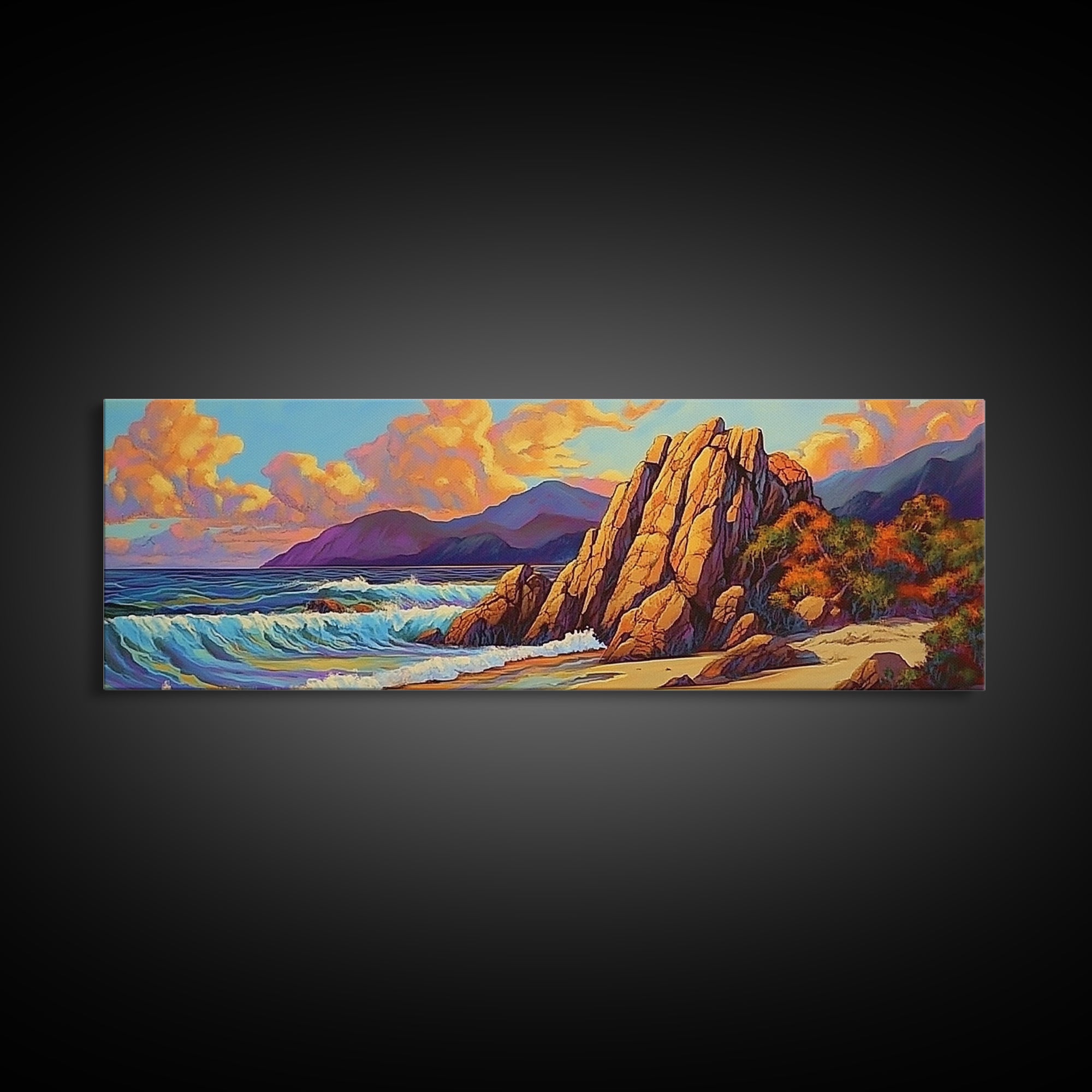 Coastal Rocks, Ocean Cliffs, Sunset Clouds, Canvas Print, Bold Seascape Wall Art, Living Room Fall Decor, Nature Inspired Aesthetic