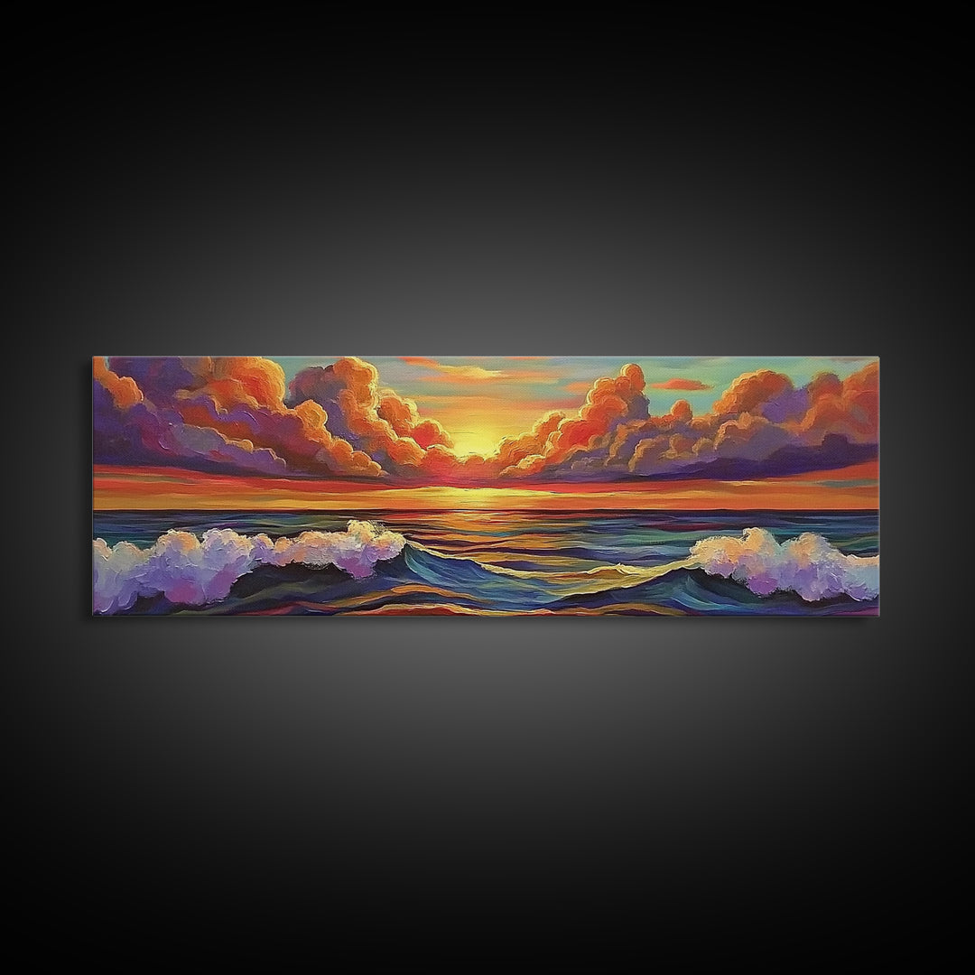 Dramatic Clouds, Sunset Sea, Ocean Glow, Framed Canvas Print, Bold Coastal Wall Art, Colorful Living Room Decor, Dreamy Seascape Style