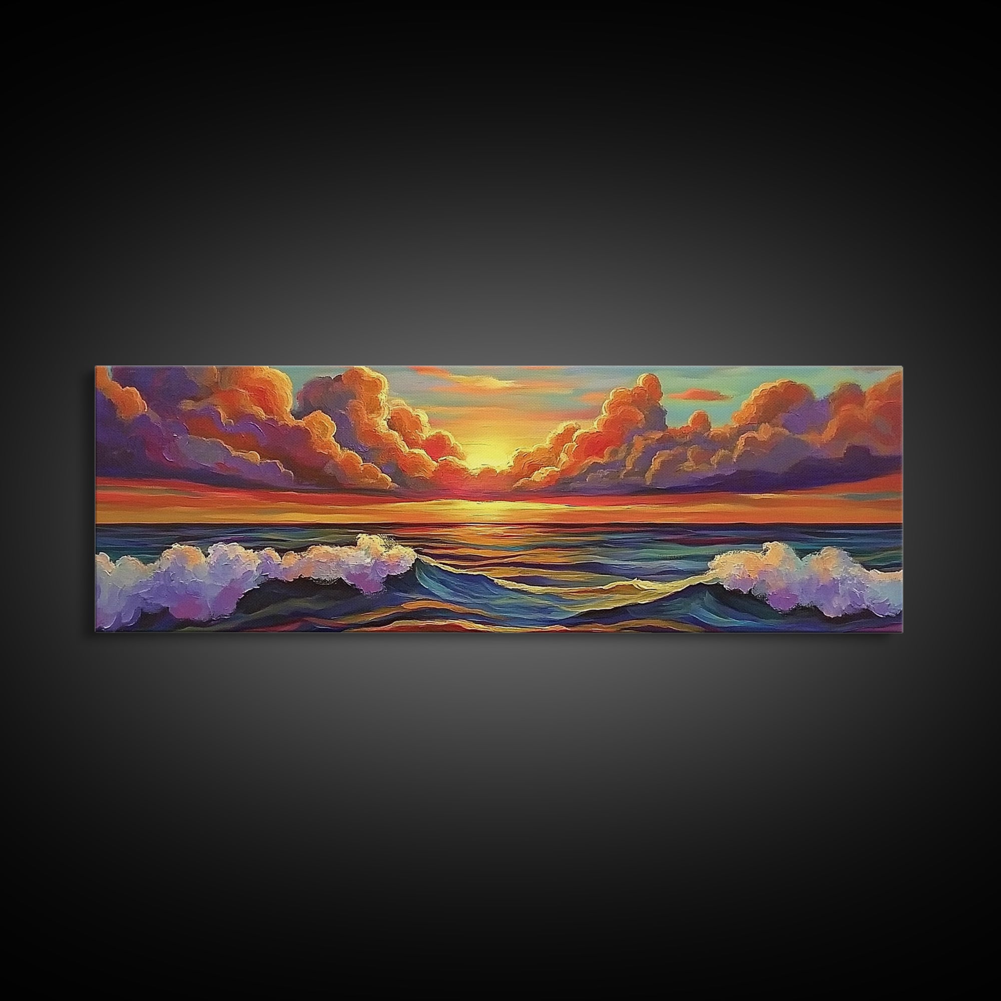 Dramatic Clouds, Sunset Sea, Ocean Glow, Framed Canvas Print, Bold Coastal Wall Art, Colorful Living Room Decor, Dreamy Seascape Style