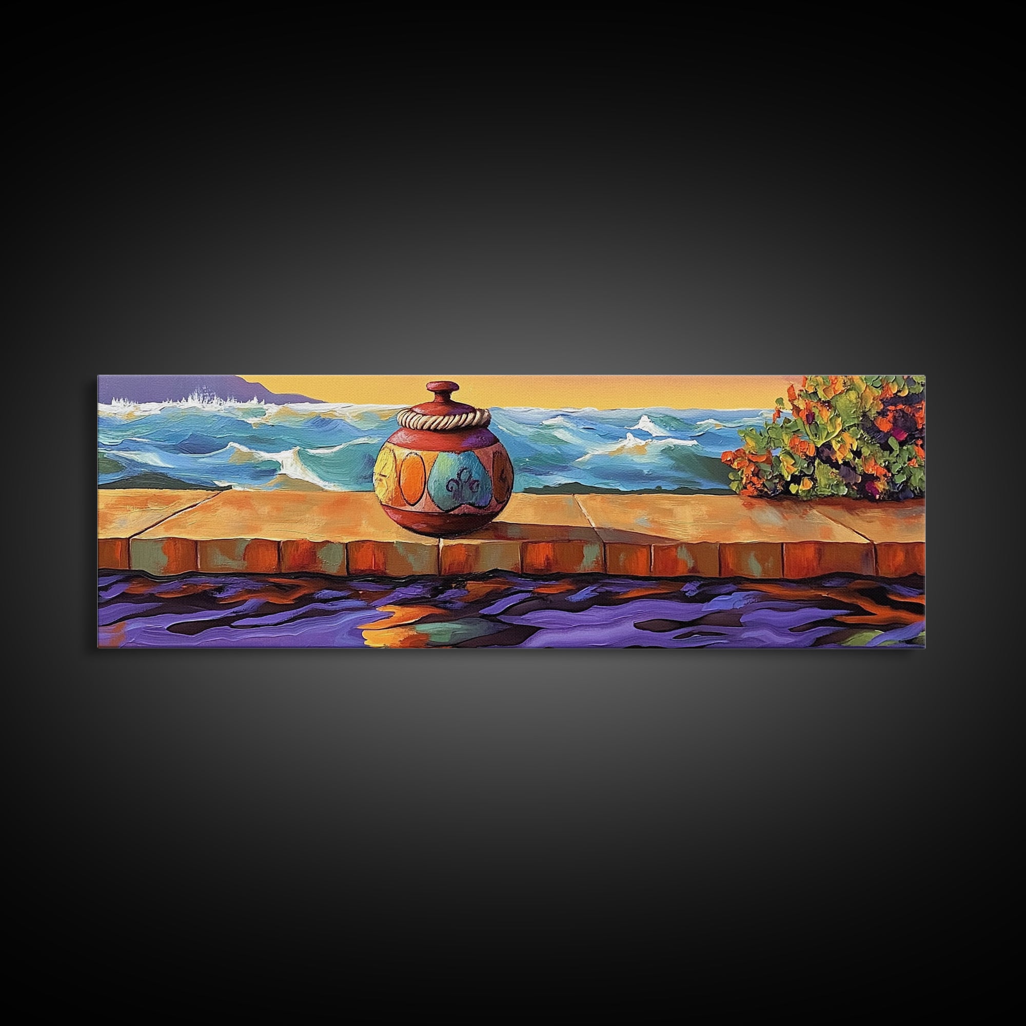 Ocean Vase Scene, Coastal Pottery Painting, Serene Sunset Dock, Beachfront Wall Style, Framed Canvas Print, Nautical Bathroom Art