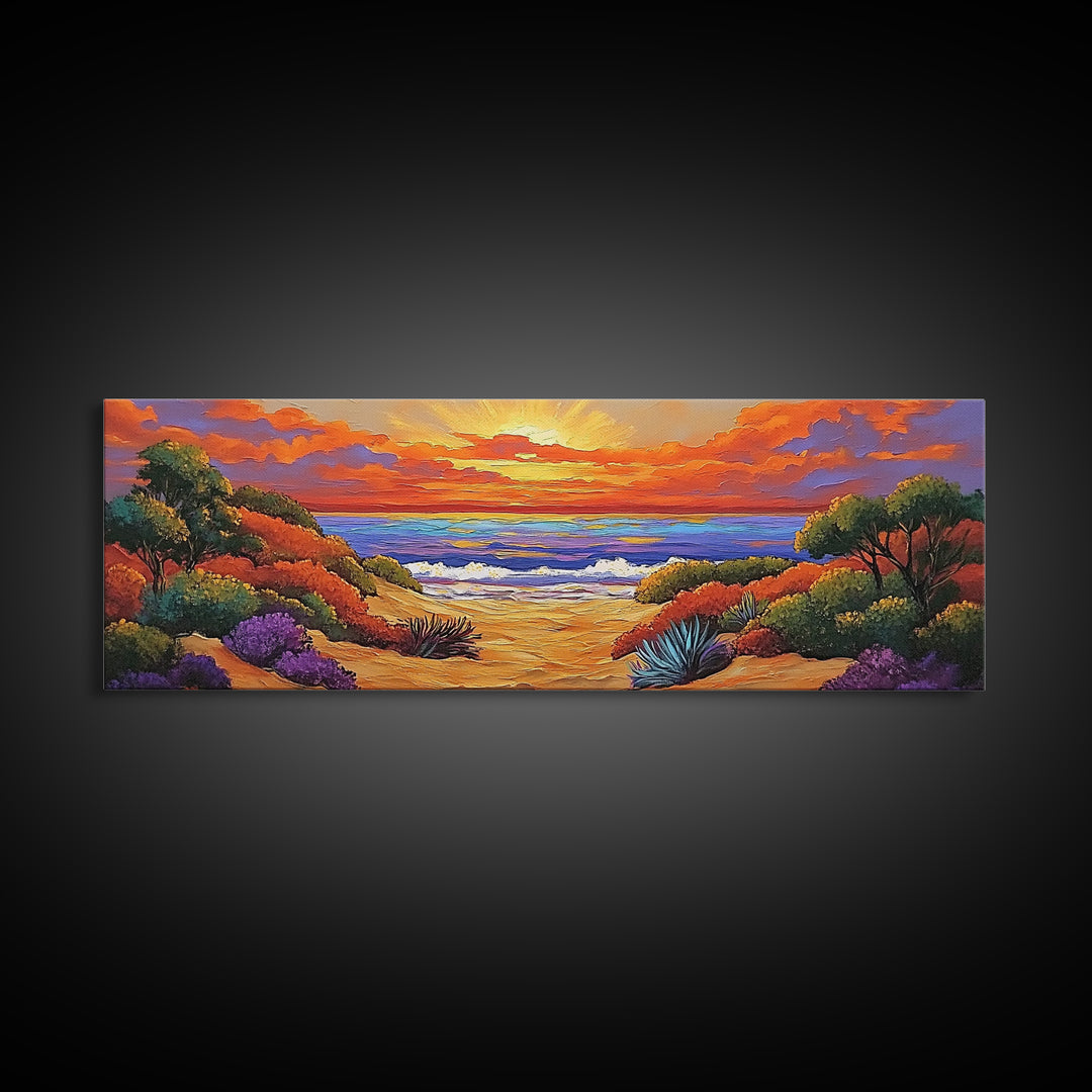 Autumn Sunset Path, Beach Trail Art, Vibrant Landscape, Framed Canvas Print, Fall Home Decor, Coastal Living Room Wall Art, Boho Art