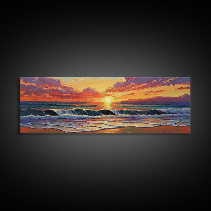 Crashing Sunset Waves, Ocean Horizon Art, Coastal Abstract Painting, Framed Canvas Print, Colorful Living Room Wall Art, Beach Vibes