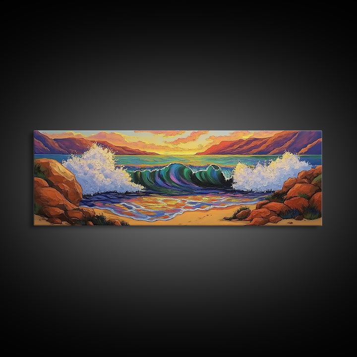 Ocean Power Crash, Colorful Seaside Painting, Bold Wave Art, Framed Canvas Print, Coastal Wall Decor, Beach House Living Room Style