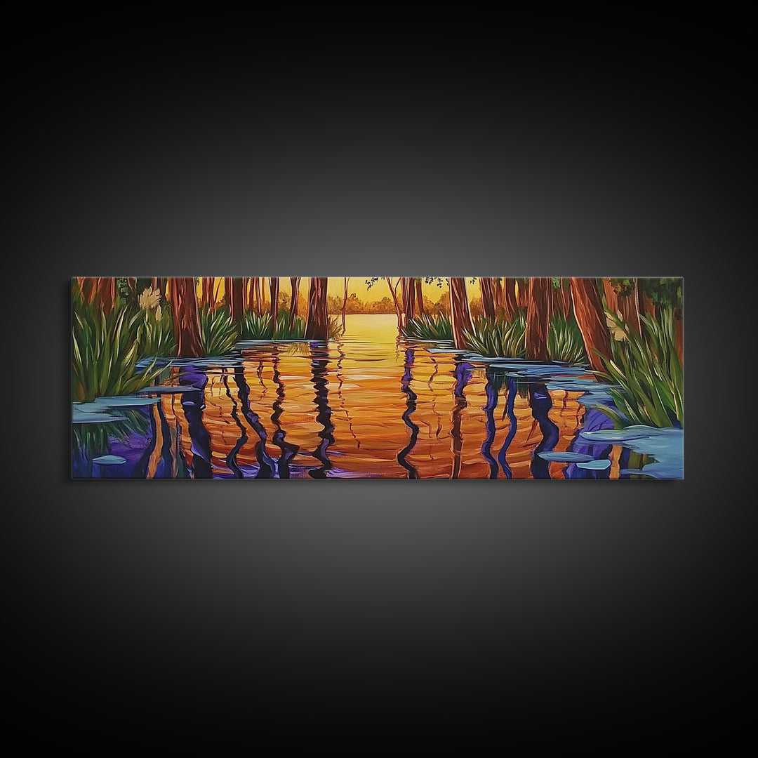 Sunset Reflection, Tranquil Forest, Swamp Scene, Cypress Trees, Framed Canvas Print, Autumn Wall Art, Rustic Decor, Nature Art