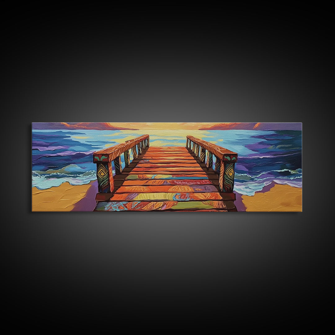 Colorful Pier, Sunset View, Ocean Dock, Serene Shoreline, Framed Canvas Print, Beach House Wall Art, Coastal Landscape Painting
