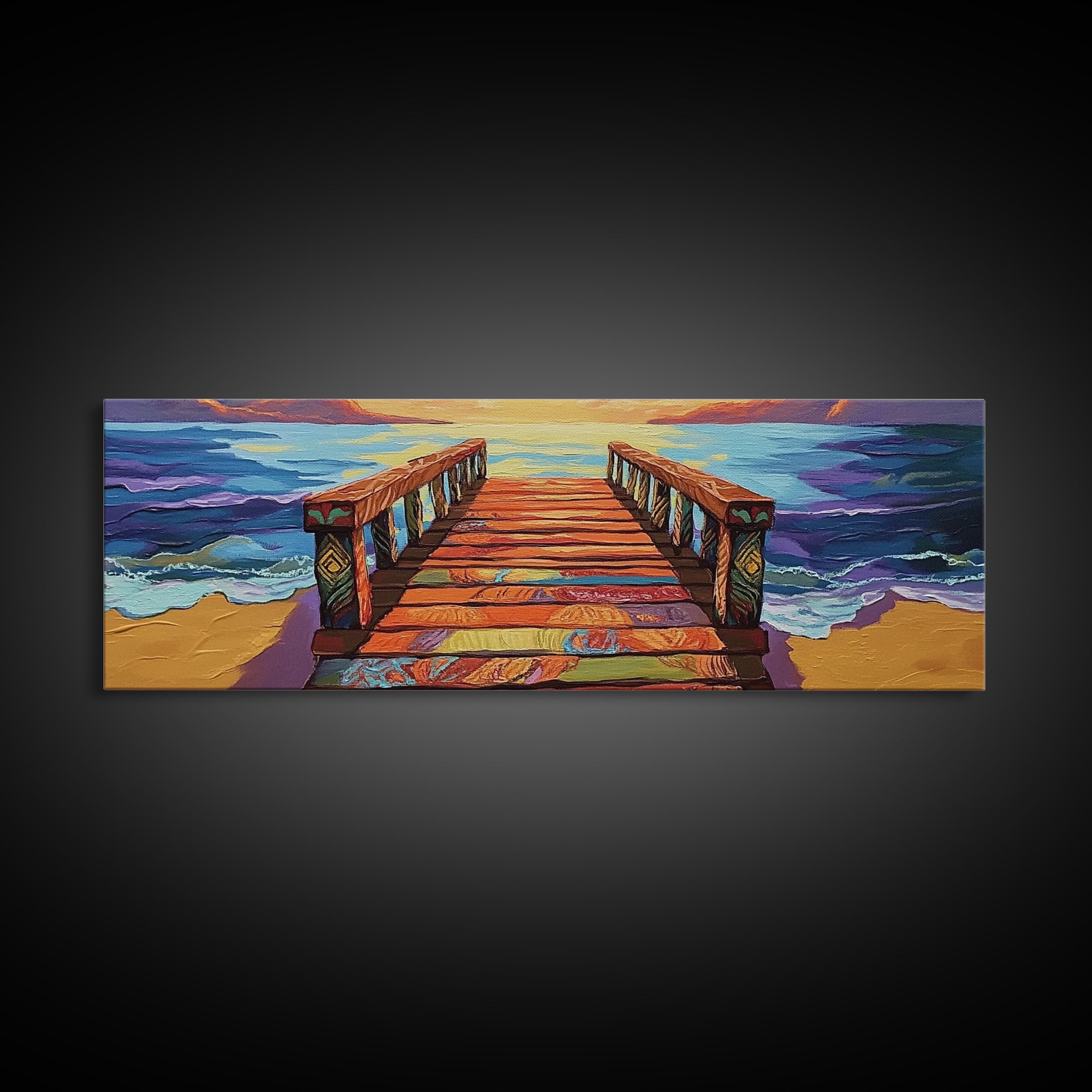 Colorful Pier, Sunset View, Ocean Dock, Serene Shoreline, Framed Canvas Print, Beach House Wall Art, Coastal Landscape Painting