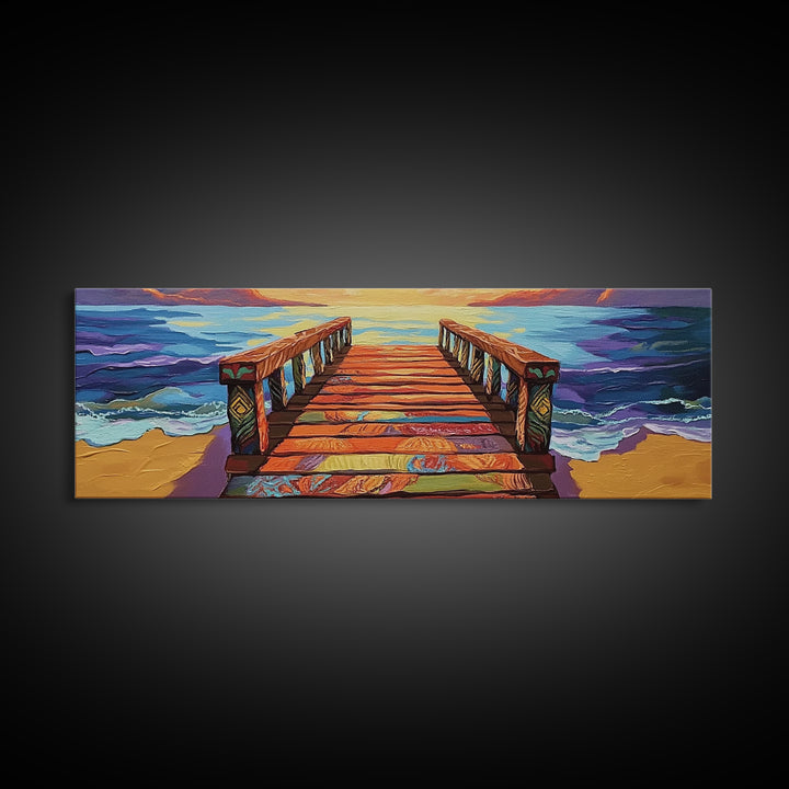 Colorful Pier, Sunset View, Ocean Dock, Serene Shoreline, Framed Canvas Print, Beach House Wall Art, Coastal Landscape Painting