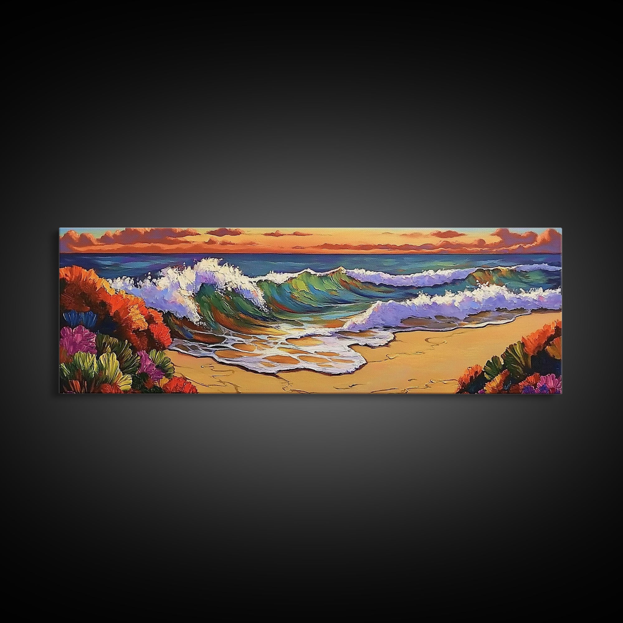 Ocean Curl, Autumn Surf, Sunset Beach, Floral Waves, Framed Canvas Print, Living Room Wall Art, Fall Coastal Painting, Bold Decor