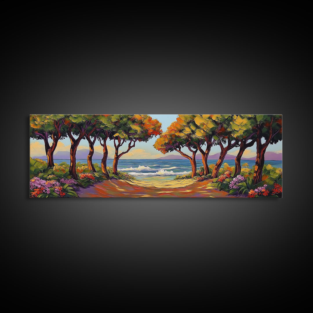Coastal Trees, Ocean View, Beach Path, Vibrant Foliage, Framed Canvas Print, beach house decor, nature wall art, coastal living room style