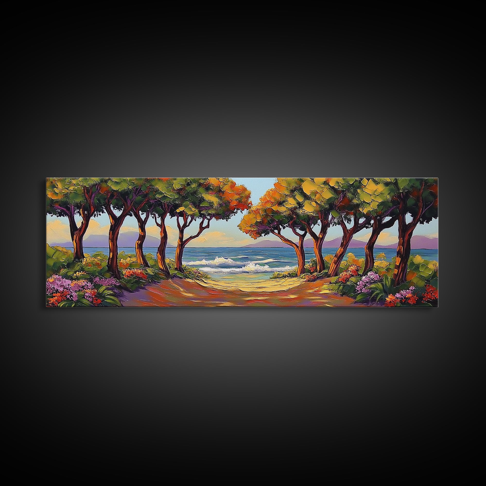 Coastal Trees, Ocean View, Beach Path, Vibrant Foliage, Framed Canvas Print, beach house decor, nature wall art, coastal living room style