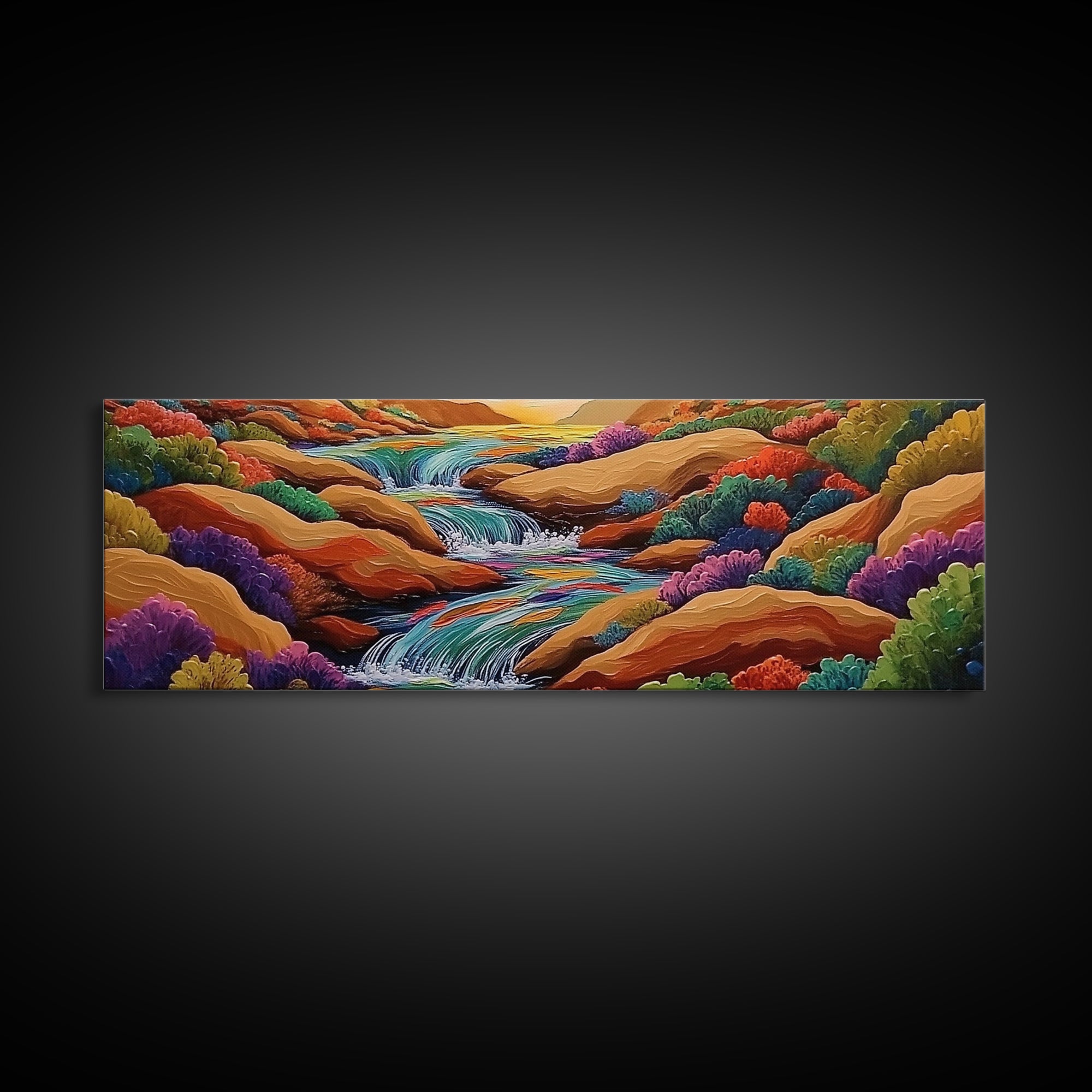 Waterfall Path, Desert Stream, Colorful Bushes, Sunset Flow, Framed Canvas Print, nature inspired art, spa room decor, zen wall style