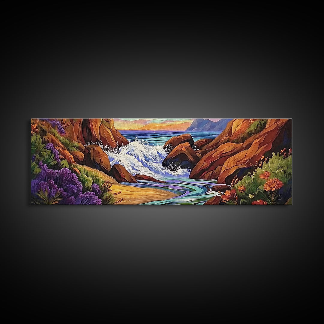 Rocky Shore, Ocean Splash, Sunset Cove, Botanical Scene, Framed Canvas Print, vibrant coastal wall art, beach bathroom decor, ocean vibe