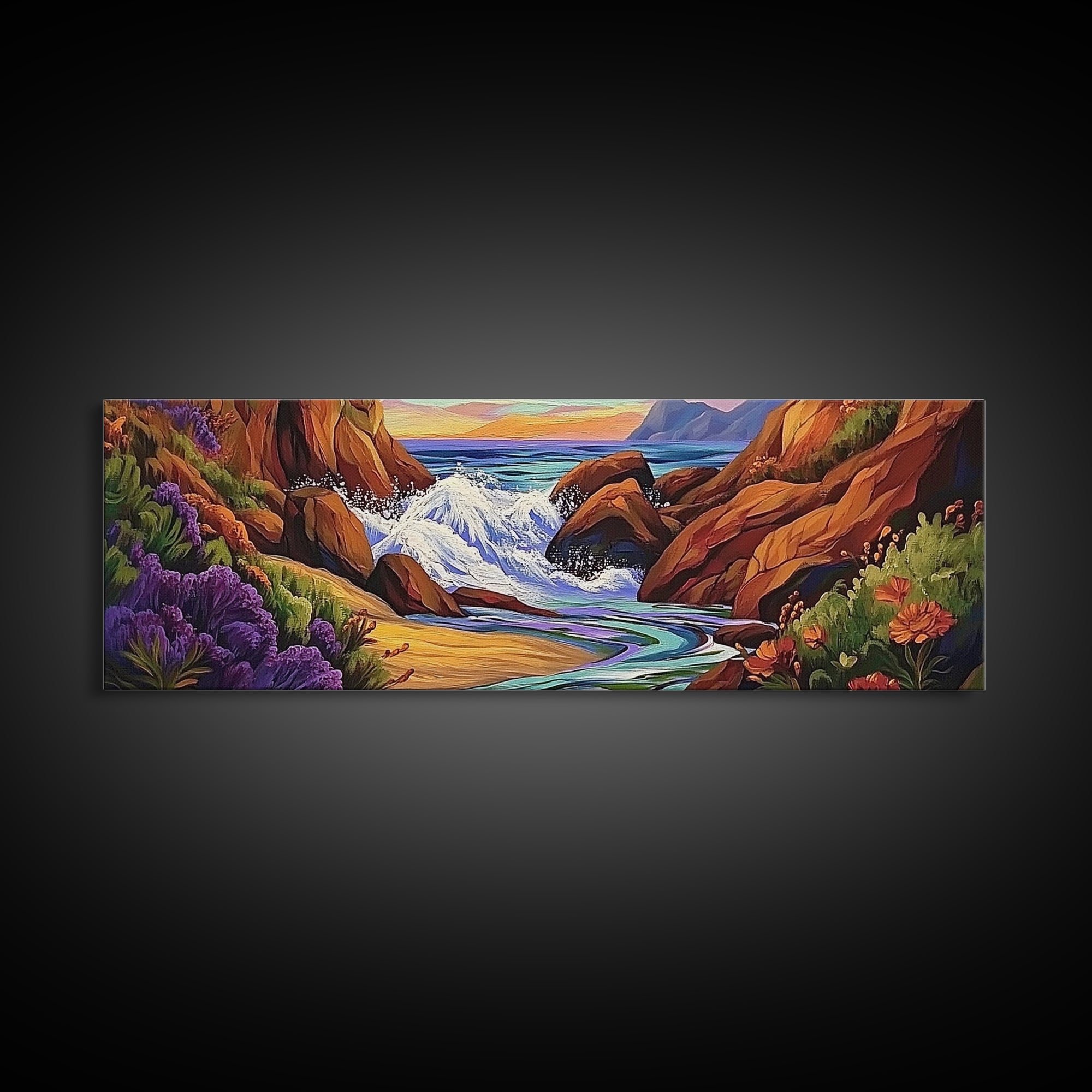 Rocky Shore, Ocean Splash, Sunset Cove, Botanical Scene, Framed Canvas Print, vibrant coastal wall art, beach bathroom decor, ocean vibe