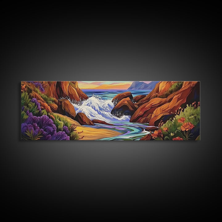 Rocky Shore, Ocean Splash, Sunset Cove, Botanical Scene, Framed Canvas Print, vibrant coastal wall art, beach bathroom decor, ocean vibe