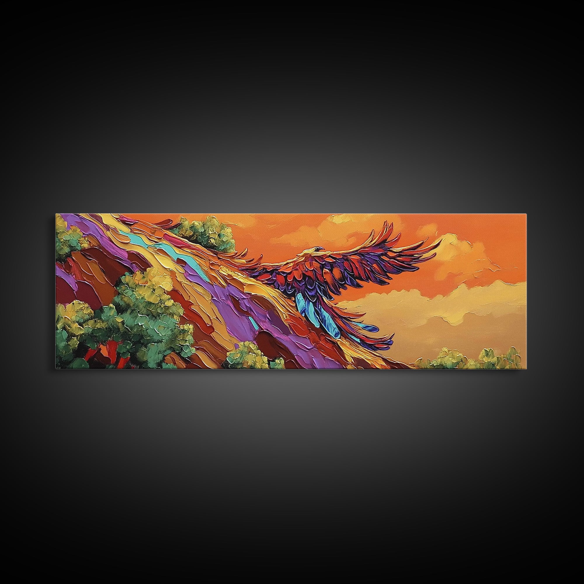 Phoenix Soar, Sunset Flight, Bold Nature, Uplifting Vibes, Framed Canvas Print, Boho Office Wall Art, Inspirational Bird Painting