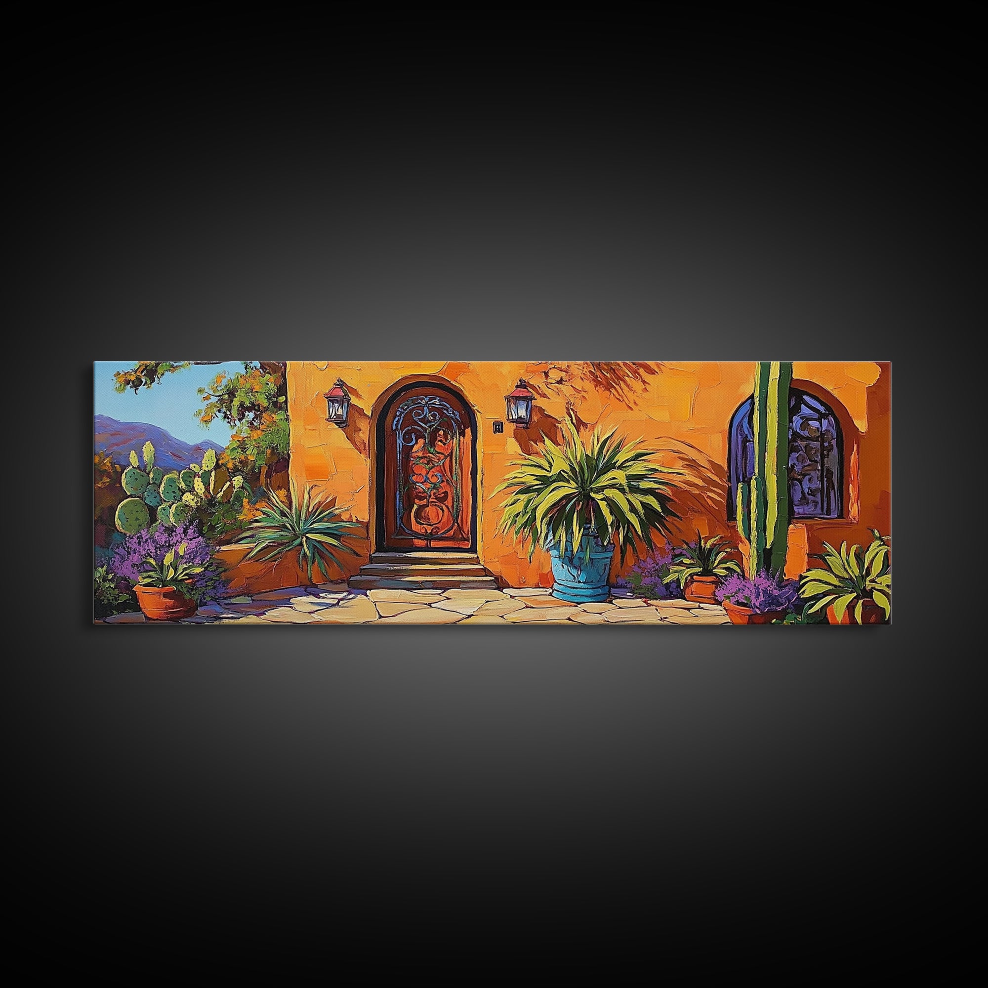 Desert Doorway, Cactus House, Warm Entryway, Framed Canvas Print, Southwest Wall Art, Rustic Kitchen Decor, Boho Style Exterior Scene