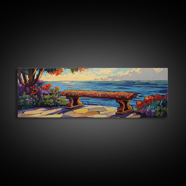 Ocean Bench Scene, Tranquil Moment, Sunset by Sea, Nature Retreat, Canvas Print, Beach House Decor, Impressionist Coastal Wall Art