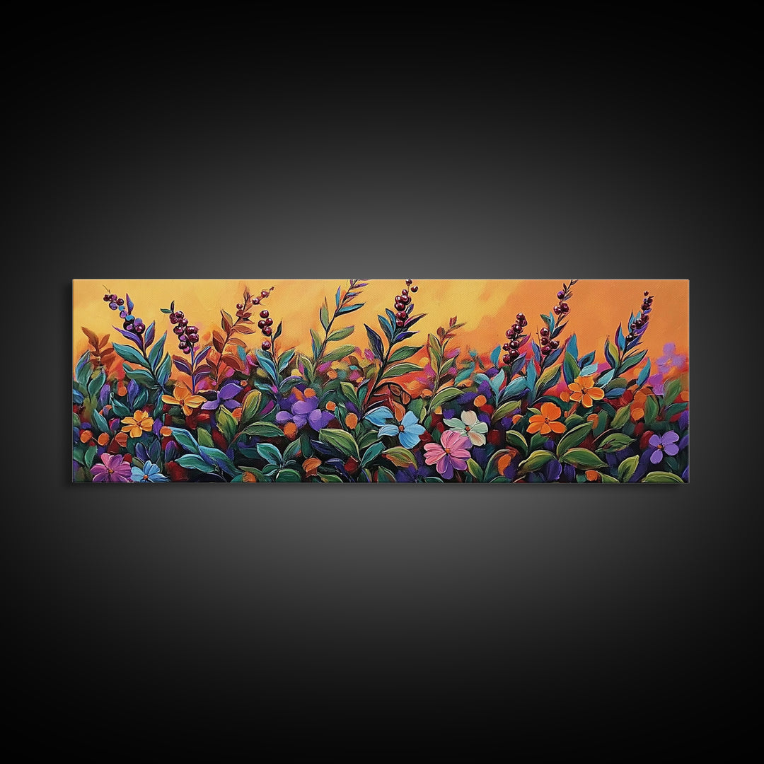 Autumn Garden Flowers, Orange Sky, Bold Leaves, Seasonal Blooms, Canvas Print, Fall Kitchen Wall Art, Botanical Color Pop