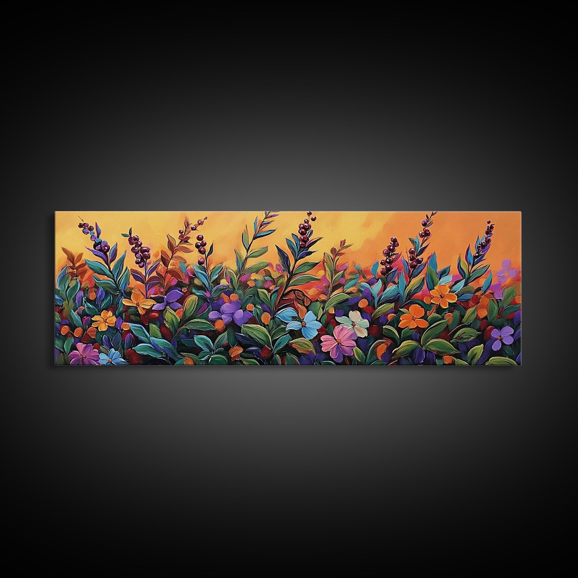 Autumn Garden Flowers, Orange Sky, Bold Leaves, Seasonal Blooms, Canvas Print, Fall Kitchen Wall Art, Botanical Color Pop