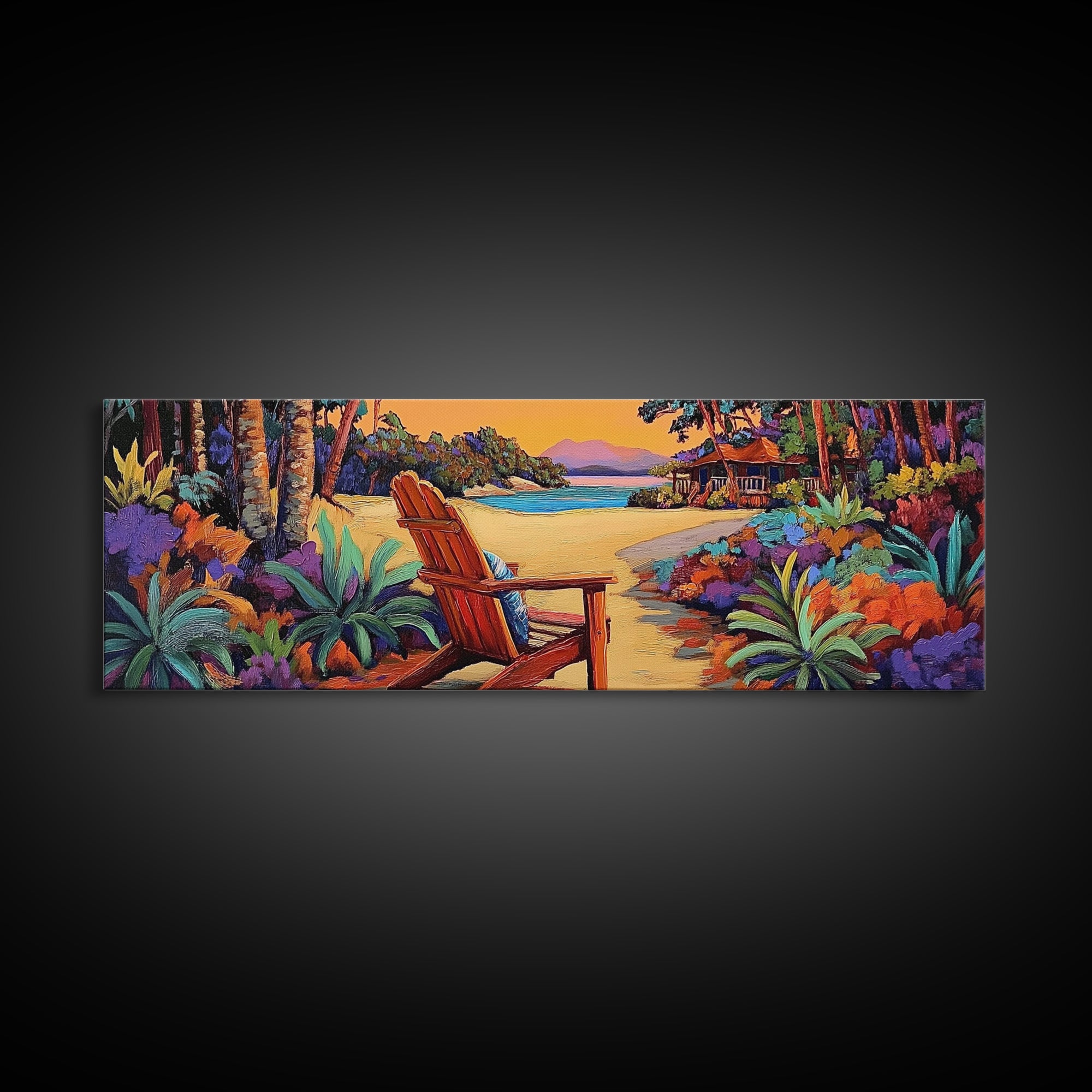 Peaceful Beach Chair, Vibrant Sunset Retreat, Tropical Escape Wall Art, Framed Canvas Print, Vacation Home Decor, Boho Island Artwork