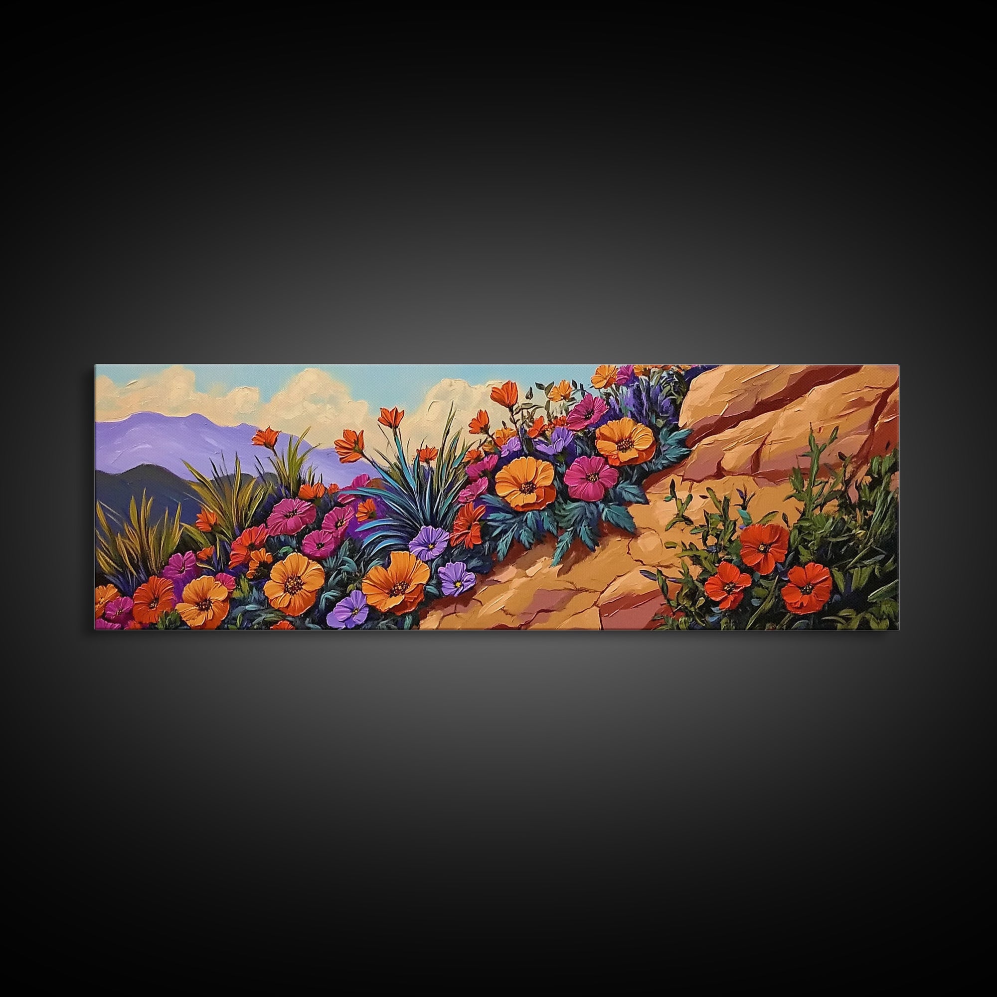 Coastal Flowers, Sunset Hillside, Wildflower Art, Framed Canvas Print, Vibrant Landscape Wall Decor, Living Room Boho Wall Art