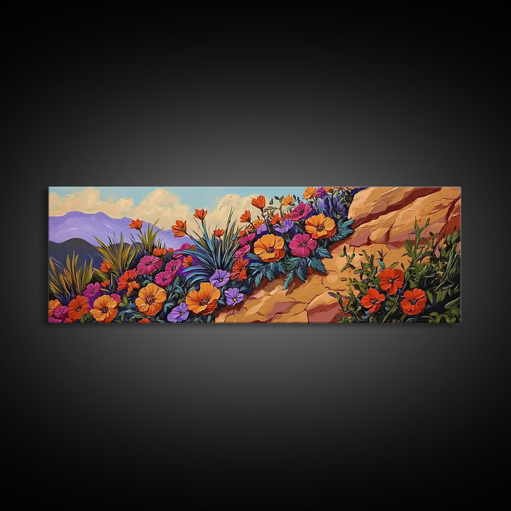 Coastal Flowers, Sunset Hillside, Wildflower Art, Framed Canvas Print, Vibrant Landscape Wall Decor, Living Room Boho Wall Art