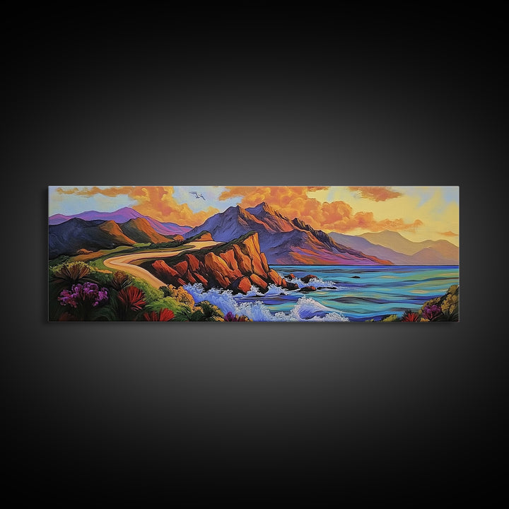 Cliffside Drive, Sunset Coast, Dramatic Ocean Scene, Framed Canvas Print, Coastal Wall Art, Office Accent Art, Bold Color Landscape
