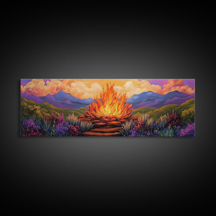 Dramatic Bonfire Night, Vibrant Flame in Hills, Scenic Nature Wall Art, Framed Canvas Print, Fall Lodge Decor, Rustic Landscape Artwork