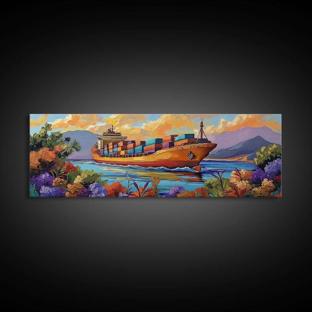 Coastal Cargo Ship, Vibrant Ocean Painting, Nautical Decor, Container Ship Art, Canvas Print, Modern Seascape, Office Wall Art, Boho Art